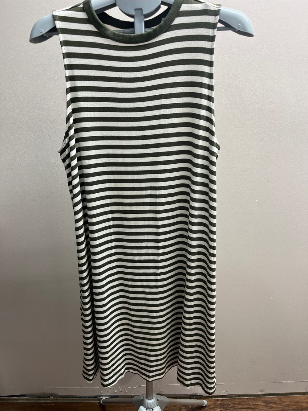 Time and Tru Olive and White Striped Sleeveless Midi Dress